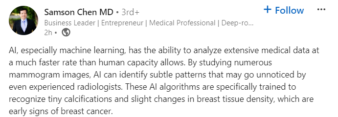 AI has the ability to analyze extensive medical data much faster than humans. It can identify subtle patterns that go unnoticed even by experienced radiologists. 